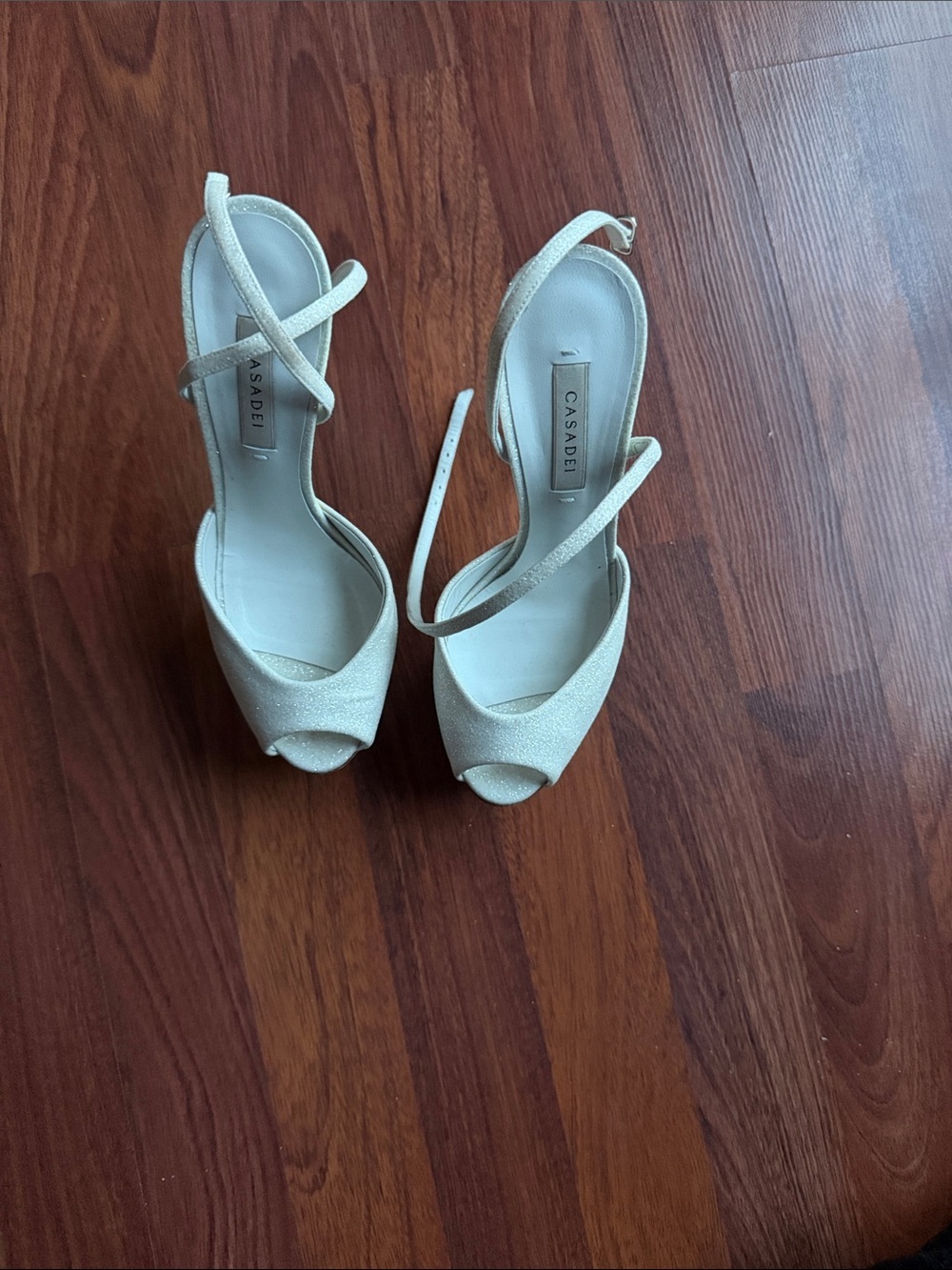 Casadei Ivory Glitter Peep-Toe Slingback Heels